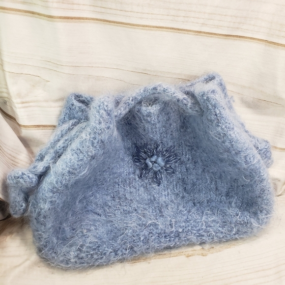 Alpaca Wool Boho Handbag Cinch Purse Cornflower Blue 15 x 11 Inches - Picture 3 of 10